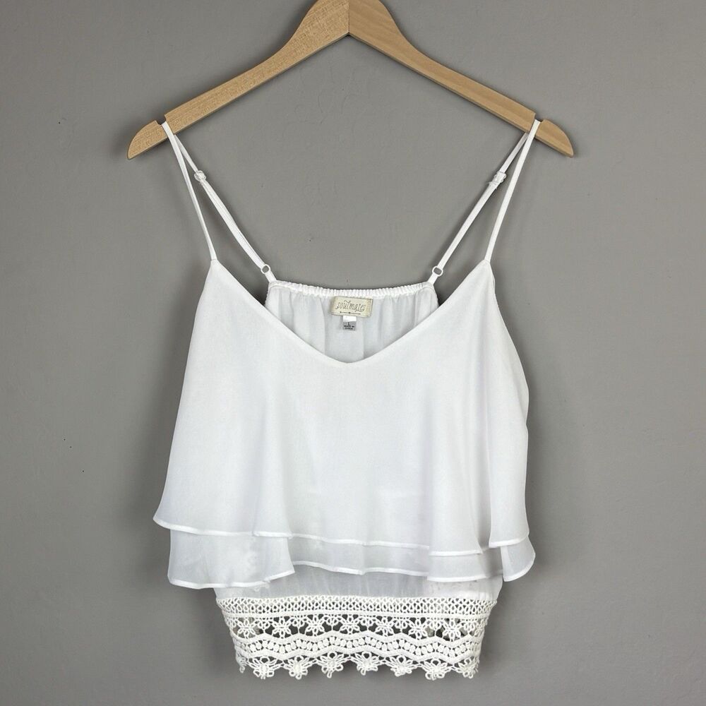 Vtg Y2K Soulmates Top Womens L White Ruffle Crochet Lace Coquette Boho Festival